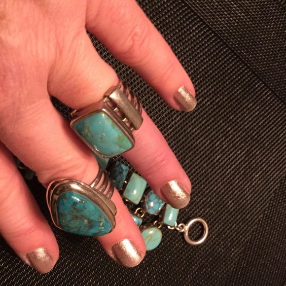 Huge Bold 3pc Artisan Genuine Turquoise .925 Stamped Sterling Trio “8 Rg’s 8 & 9 - Picture 14 of 16